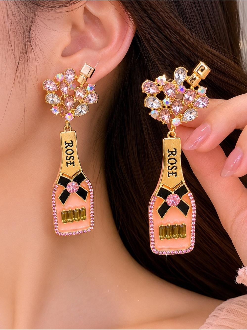 Gold Pink 'ROSE' Bottle Drop Earrings with Crystal Bouquet